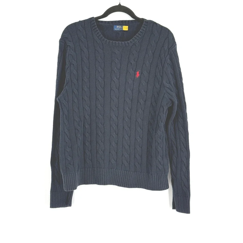 Polo Ralph Lauren Mens Fisherman Navy Blue Cable Knit Cotton Crew Neck Sweater M